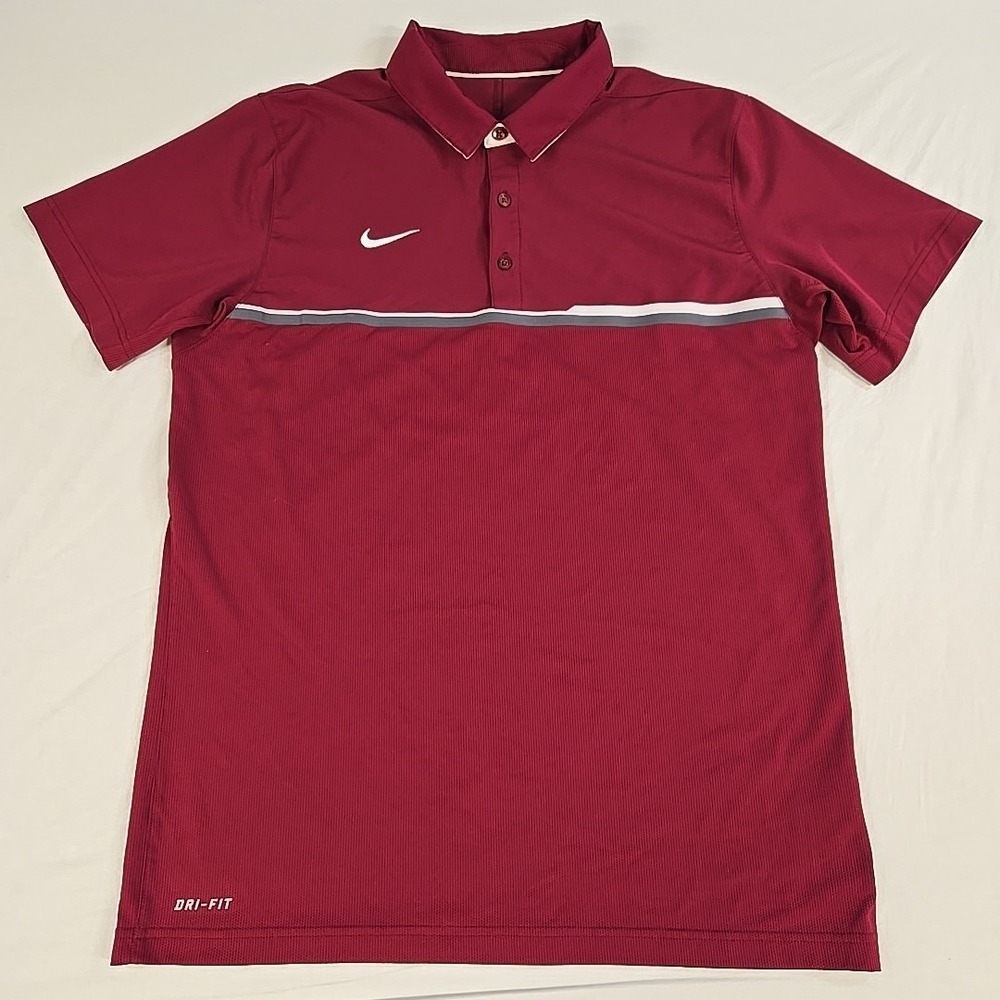 Nike Dri Fit Performance Golf Polo Mens Medium Maroon Gray Stripes Logo Tennis - Picture 2 of 12